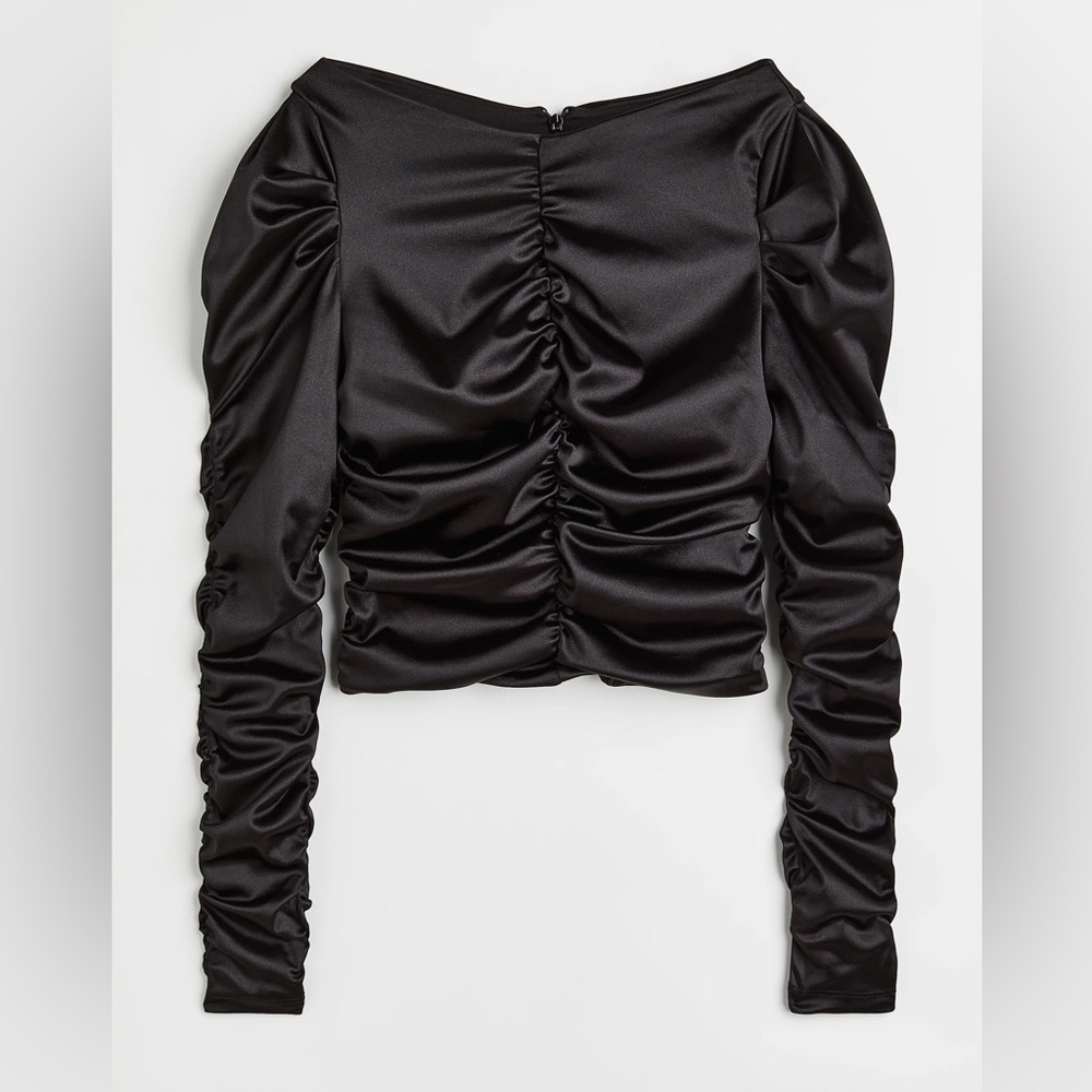 H&M Satin Black Puff Long Sleeve Ruched Gathered Boatneck Party top Size S